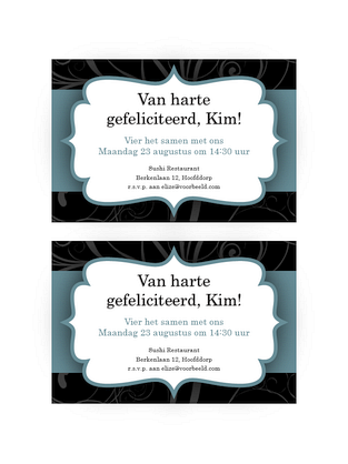 Uitnodiging voor een feest (ontwerp met blauw lint, 2 per pagina)