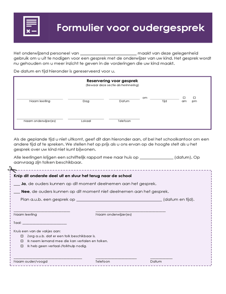 Formulier voor oudergesprek Formulier voor oudergesprek