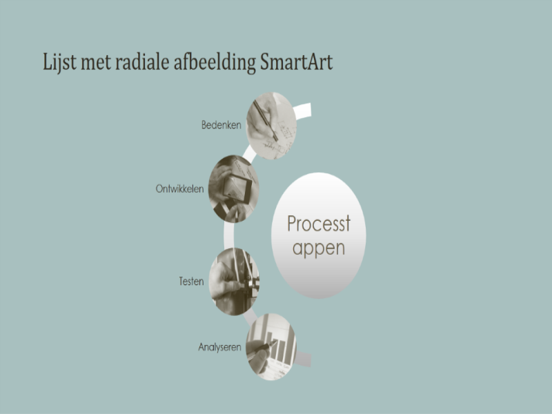 Proces met SmartArt en lijst met radiaalafbeeldingen (breedbeeld) Proces met SmartArt en lijst met radiaalafbeeldingen (breedbeeld)