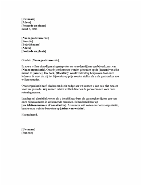 Brief met verzoek om op te treden als onbezoldigd spreker tijdens