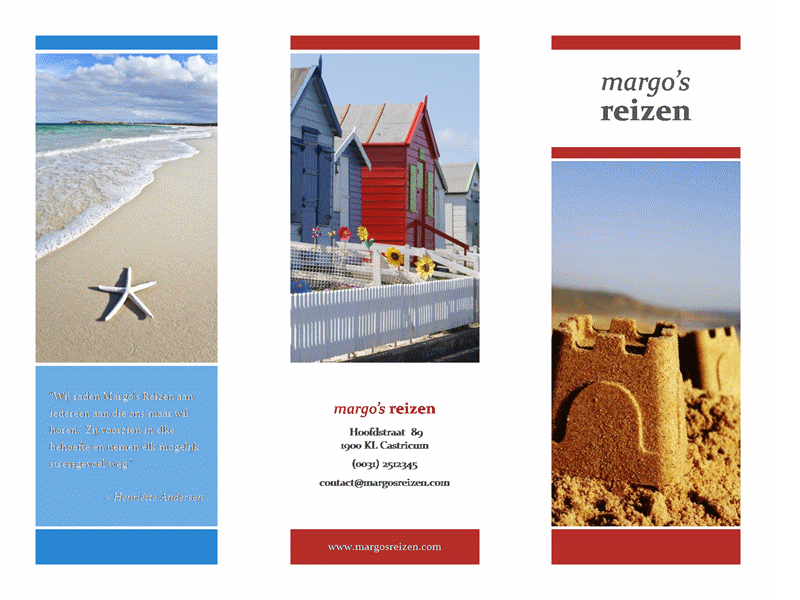 In drieën gevouwen reisbrochure (rood, goudkleurig en blauw ontwerp) In drieën gevouwen reisbrochure (rood, goudkleurig en blauw ontwerp)