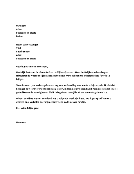 Dankbrief voor goede referentie van voormalig leidinggevende Dankbrief voor goede referentie van voormalig leidinggevende