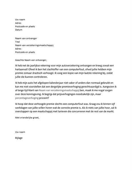 Brief met klacht over verhoogde verzekeringspremie
