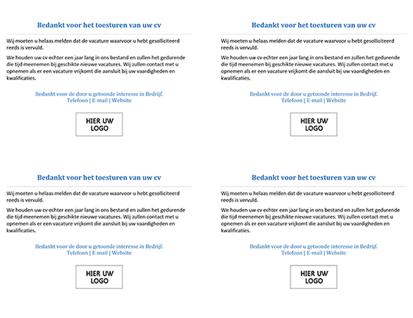 Briefkaart naar sollicitanten wanneer de vacature al vervuld is (4 per pagina) Briefkaart naar sollicitanten wanneer de vacature al vervuld is (4 per pagina)