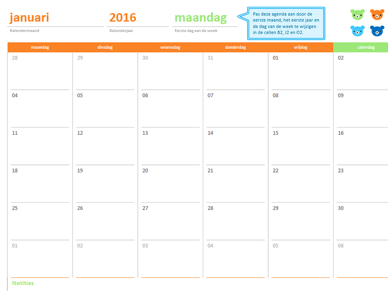 Maandelijkse kalender voor een willekeurig jaar (12 pagina’s, ontwerp Troetelbeertjes) Maandelijkse kalender voor een willekeurig jaar (12 pagina’s, ontwerp Troetelbeertjes)