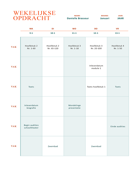 Wekelijkse huiswerkplanning Wekelijkse huiswerkplanning