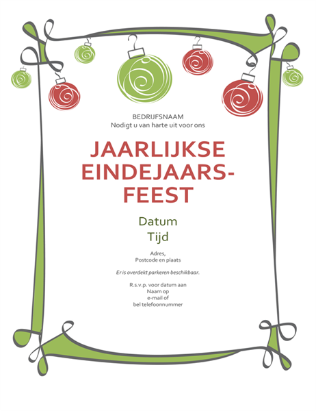 Uitnodiging voor een eindejaarsfeest met kerstballen en kronkelende rand (informeel ontwerp) Uitnodiging voor een eindejaarsfeest met kerstballen en kronkelende rand (informeel ontwerp)