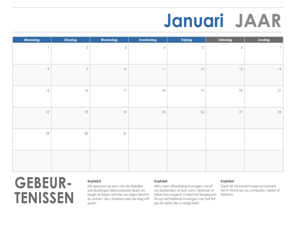 Horizontale kalender (begint maandag) Horizontale kalender (begint maandag)