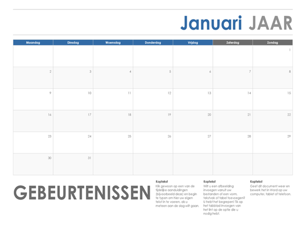 Horizontale kalender (begint zondag) Horizontale kalender (begint zondag)