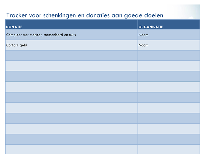 Tracker voor schenkingen en donaties aan goede doelen (eenvoudig) Tracker voor schenkingen en donaties aan goede doelen (eenvoudig)