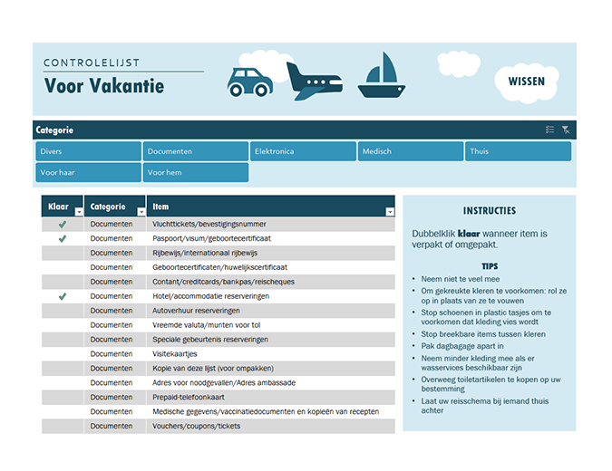 Vakantie checklist Vakantie checklist