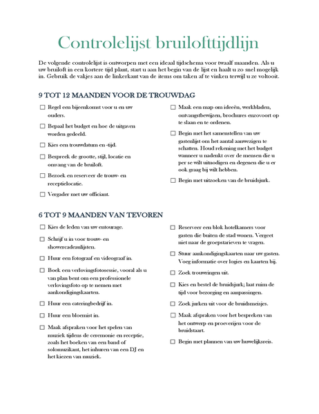 Controlelijst bruilofttijdlijn Controlelijst bruilofttijdlijn