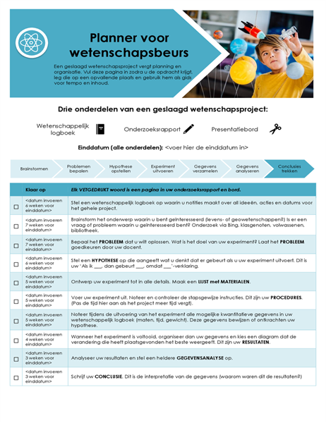 Planner voor wetenschapsbeurs Planner voor wetenschapsbeurs