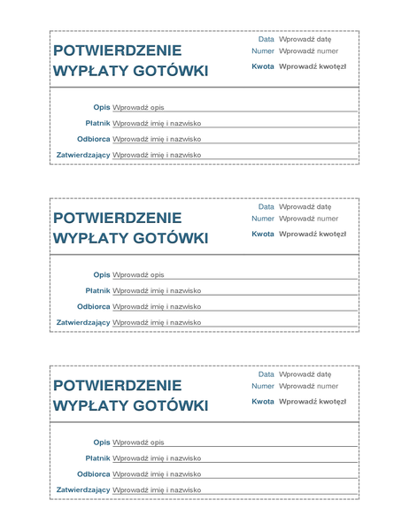 Potwierdzenie wypłaty gotówki podręcznej (3 na stronie) Potwierdzenie wypłaty gotówki podręcznej (3 na stronie)