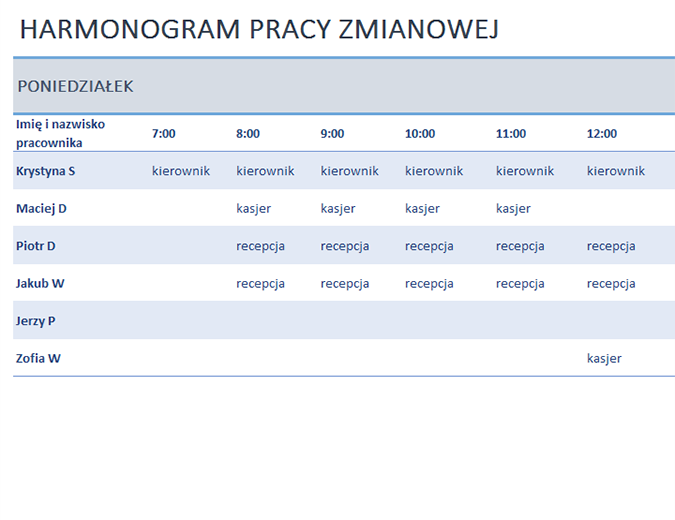 Tygodniowy harmonogram pracy zmianowej Tygodniowy harmonogram pracy zmianowej