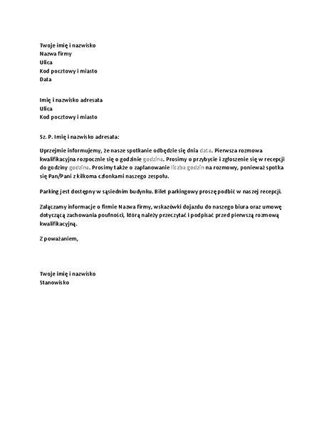 List potwierdzający rozmowę kwalifikacyjną kandydata List potwierdzający rozmowę kwalifikacyjną kandydata