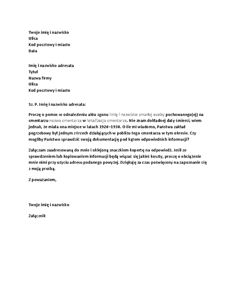 List z prośbą o dokumentację genealogiczną do zakładu pogrzebowego List z prośbą o dokumentację genealogiczną do zakładu pogrzebowego