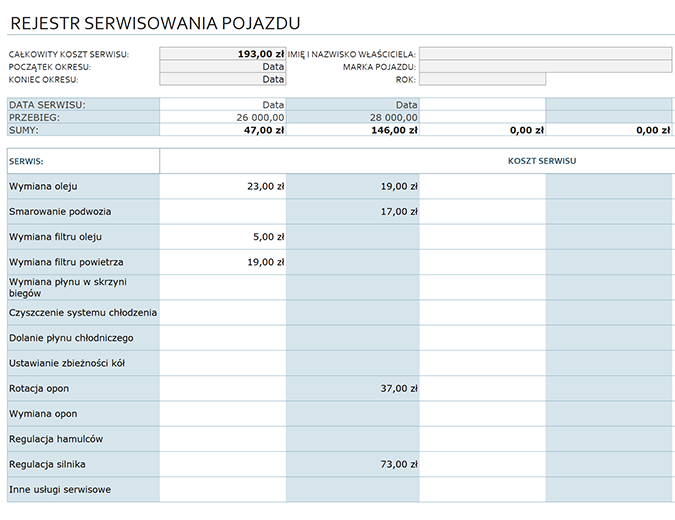 Rejestr serwisowania pojazdu Rejestr serwisowania pojazdu