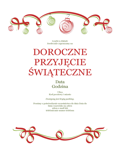 Zaproszenie na przyjęcie świąteczne z ozdobami i czerwoną wstążką (projekt formalny) Zaproszenie na przyjęcie świąteczne z ozdobami i czerwoną wstążką (projekt formalny)