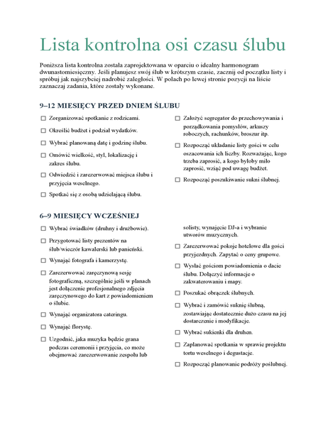 Lista kontrolna osi czasu ślubu Lista kontrolna osi czasu ślubu
