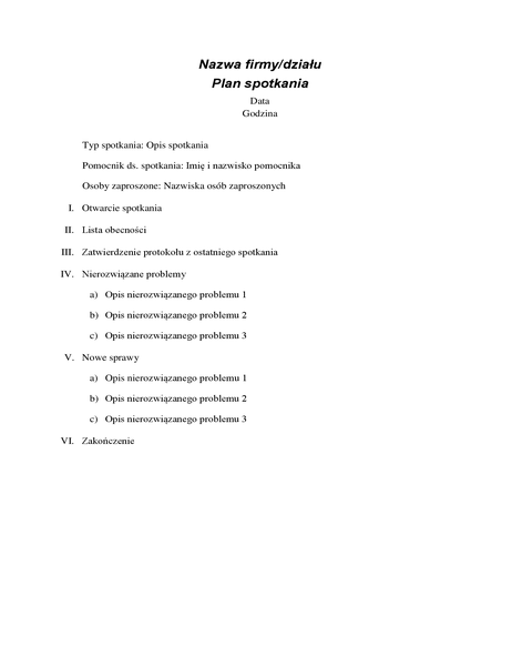 Plan spotkania formalnego Plan spotkania formalnego