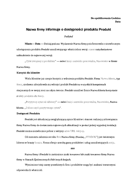 Informacja prasowa z zapowiedzią produktu Informacja prasowa z zapowiedzią produktu