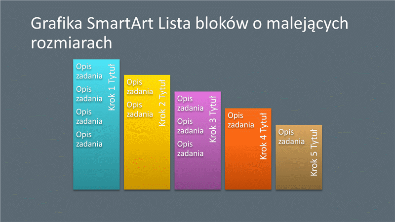 Slajd z grafiką SmartArt Lista bloków o malejących rozmiarach (wielokolorową na szarym tle), panoramiczny Slajd z grafiką SmartArt Lista bloków o malejących rozmiarach (wielokolorową na szarym tle), panoramiczny