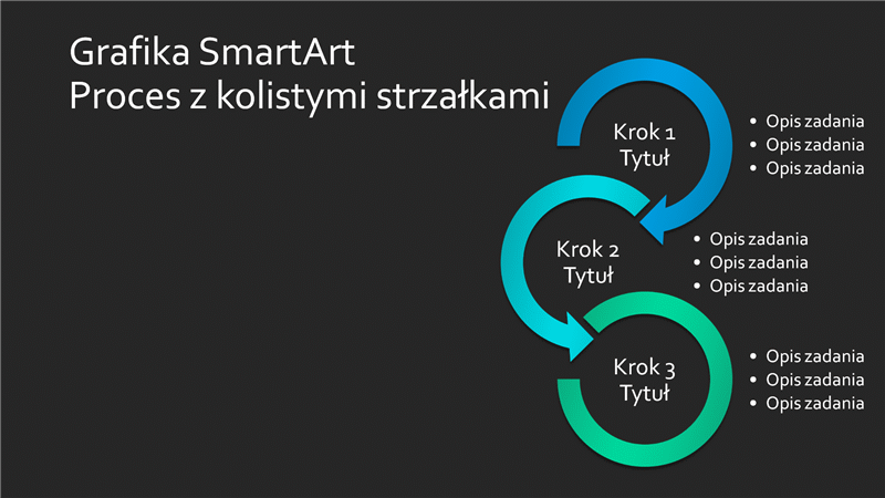 Slajd z grafiką SmartArt Proces z kolistymi strzałkami (niebiesko-zieloną na czarnym tle), panoramiczny Slajd z grafiką SmartArt Proces z kolistymi strzałkami (niebiesko-zieloną na czarnym tle), panoramiczny
