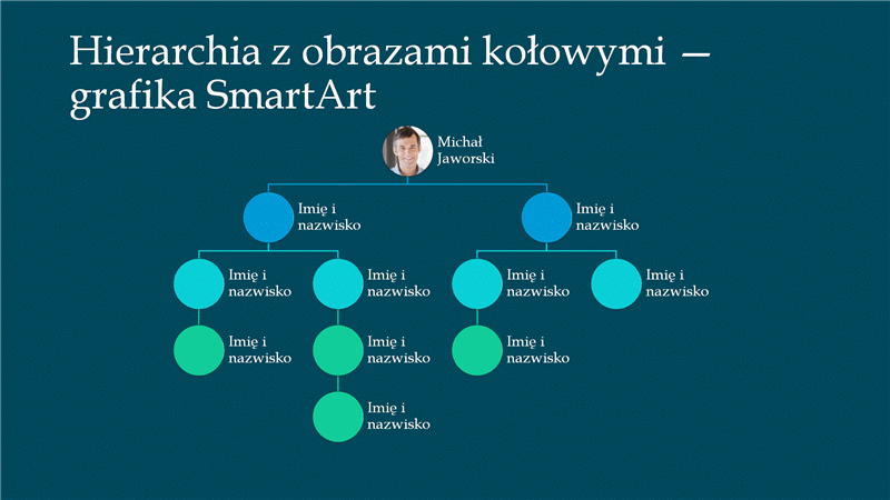 Slajd z hierarchicznym schematem organizacyjnym z obrazami kołowymi (panoramiczny, biel na niebieskim tle) Slajd z hierarchicznym schematem organizacyjnym z obrazami kołowymi (panoramiczny, biel na niebieskim tle)