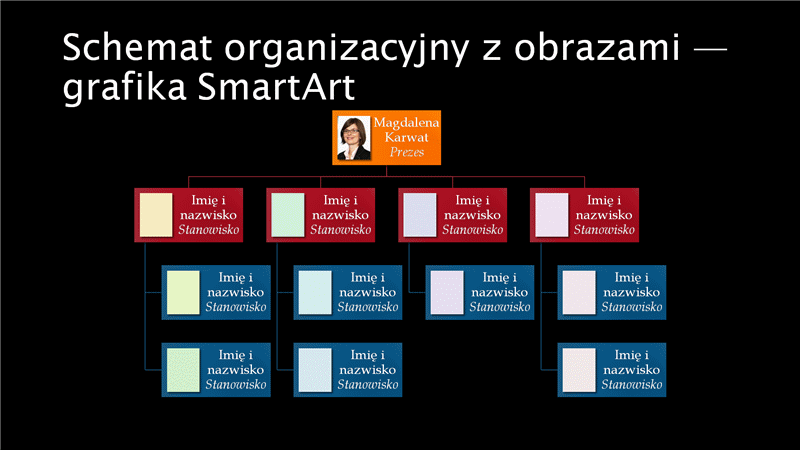Slajd ze schematem organizacyjnym z obrazami (panoramiczny, wiele kolorów na czarnym tle) Slajd ze schematem organizacyjnym z obrazami (panoramiczny, wiele kolorów na czarnym tle)