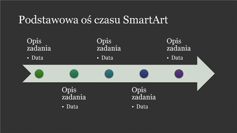 Podstawowa oś czasu SmartArt (kolor biały na ciemnoszarym), panoramiczna Podstawowa oś czasu SmartArt (kolor biały na ciemnoszarym), panoramiczna