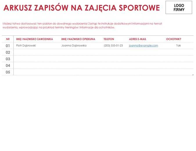 Arkusz zapisów na zajęcia sportowe Arkusz zapisów na zajęcia sportowe