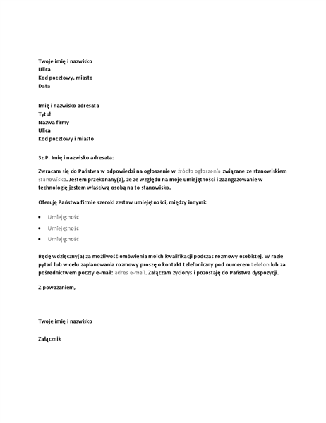 Przykładowy list motywacyjny będący odpowiedzią na ogłoszenie rekrutacyjne na stanowisko techniczne Przykładowy list motywacyjny będący odpowiedzią na ogłoszenie rekrutacyjne na stanowisko techniczne