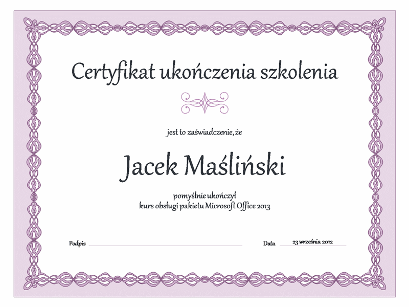 Dyplom ukończenia szkolenia (purpurowy łańcuch) Dyplom ukończenia szkolenia (purpurowy łańcuch)