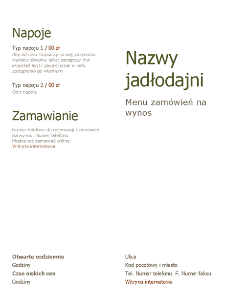 Menu zamówień na wynos Menu zamówień na wynos