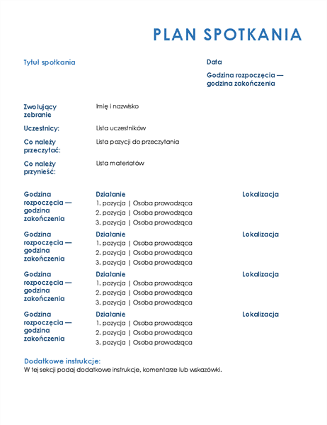 Plan spotkania całodziennego (oficjalnego) Plan spotkania całodziennego (oficjalnego)