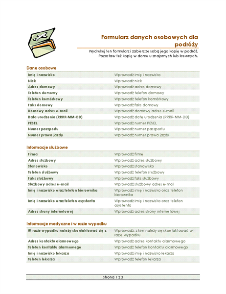 Formularz planu podróży i danych osobowych Formularz planu podróży i danych osobowych