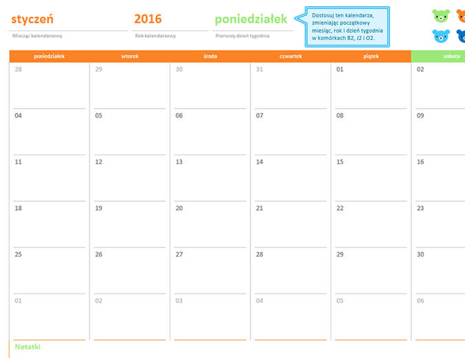 Kalendarz miesięczny na dowolny rok (12 stron, projekt Tęczowe misie)