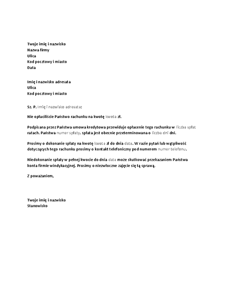 List z wezwaniem do spłaty na przeterminowanym koncie List z wezwaniem do spłaty na przeterminowanym koncie