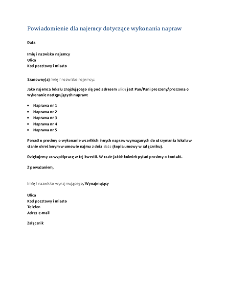 Powiadomienie dla najemcy dotyczące wykonania napraw (list seryjny) Powiadomienie dla najemcy dotyczące wykonania napraw (list seryjny)
