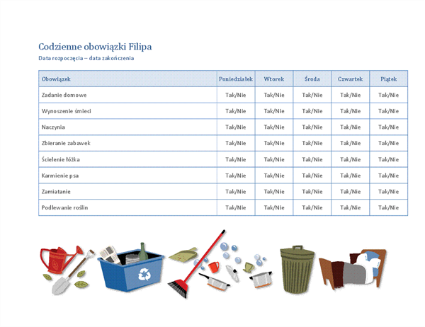 Lista kontrolna obowiązków domowych dziecka Lista kontrolna obowiązków domowych dziecka