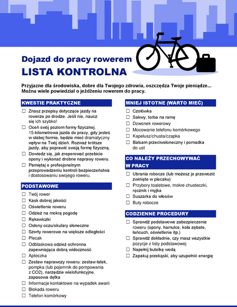Lista kontrolna dojazdów rowerem do pracy Lista kontrolna dojazdów rowerem do pracy
