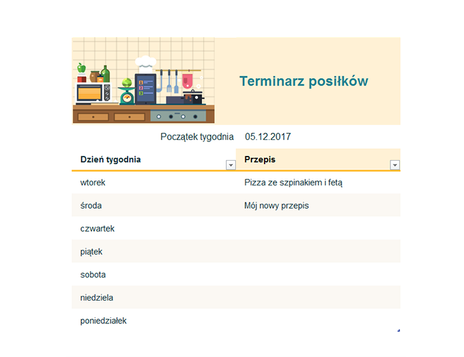 Tygodniowy terminarz posiłków Tygodniowy terminarz posiłków