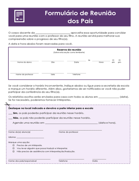 Formulário de conferência dos pais Formulário de conferência dos pais