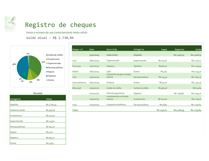 Registro de cheques com gráfico Registro de cheques com gráfico