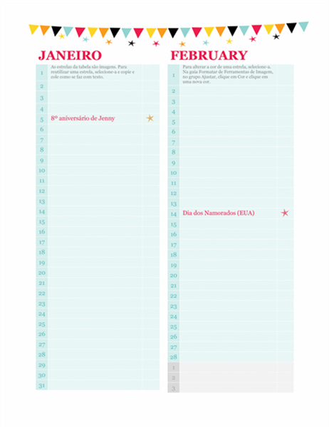 Calendário de aniversários e datas comemorativas (qualquer ano) Calendário de aniversários e datas comemorativas (qualquer ano)
