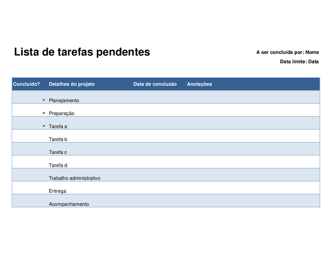 Lista de tarefas pendentes para projetos Lista de tarefas pendentes para projetos