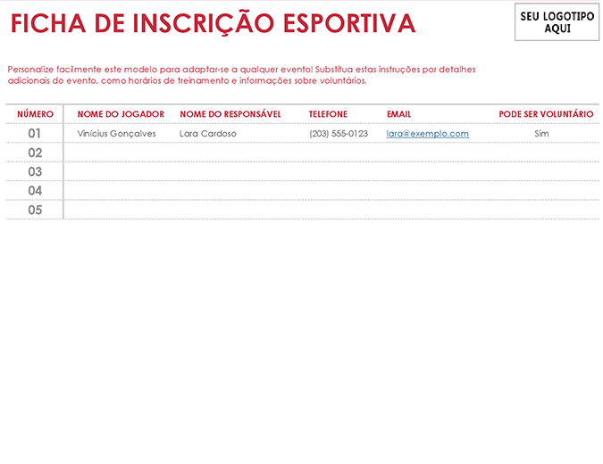 Ficha de inscrição esportiva Ficha de inscrição esportiva