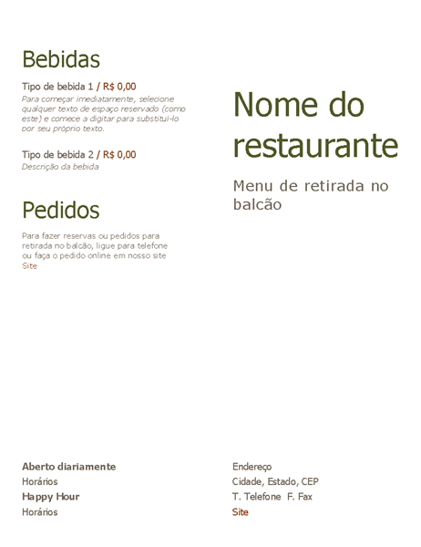 Menu de retirada no balcão Menu de retirada no balcão