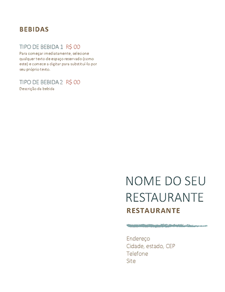 Menu do restaurante Menu do restaurante